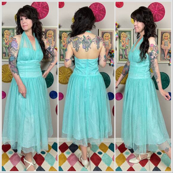 Vintage 1990s Aqua Tulle Halter Fit and Flare Prom Dress - Picture 3 of 8